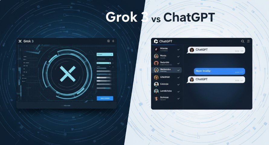 Illustration comparing Grok 3 and ChatGPT interfaces.