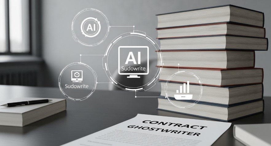 Books with a ghostwriter contract and AI tool icons.