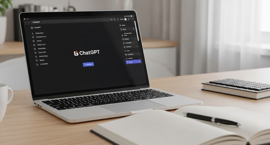 Laptop showing ChatGPT with a notebook and pen.