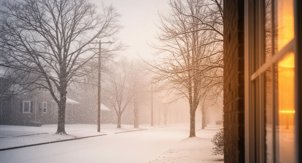 Winter landscape with snowfall.
