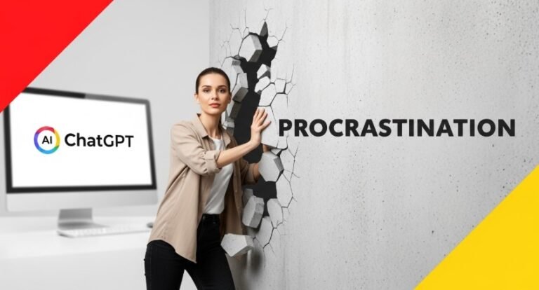 Person smashing a procrastination wall with ChatGPT logo.