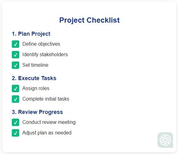 A checklist with ChatGPT logo, showing tasks broken into steps.
