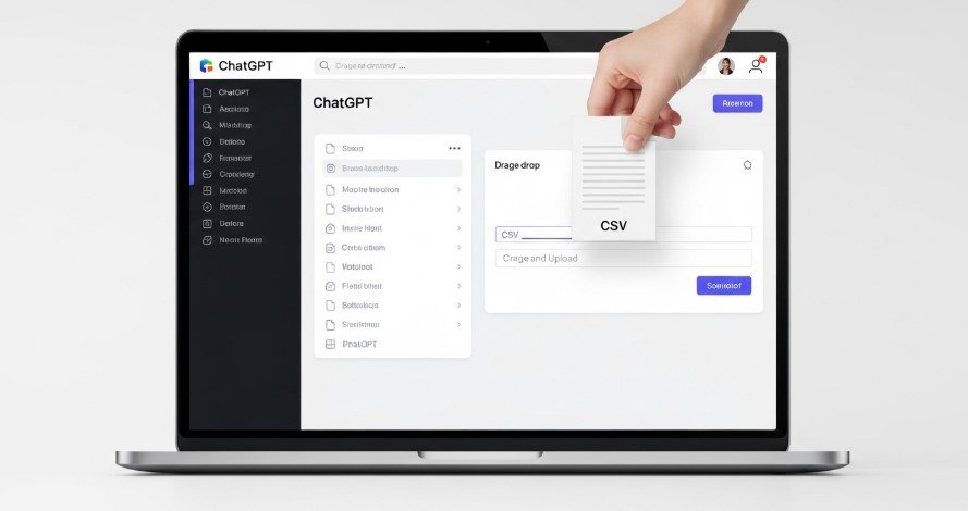 A laptop screen showing the ChatGPT interface with a CSV file being uploaded