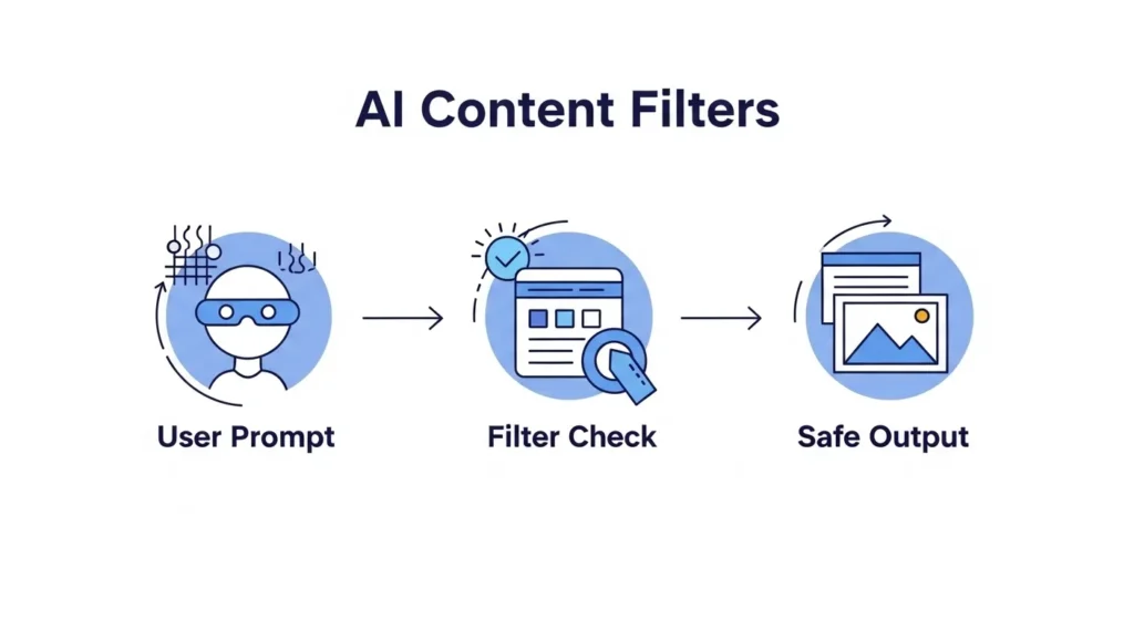 Diagram of AI content filtering process for safe image output.