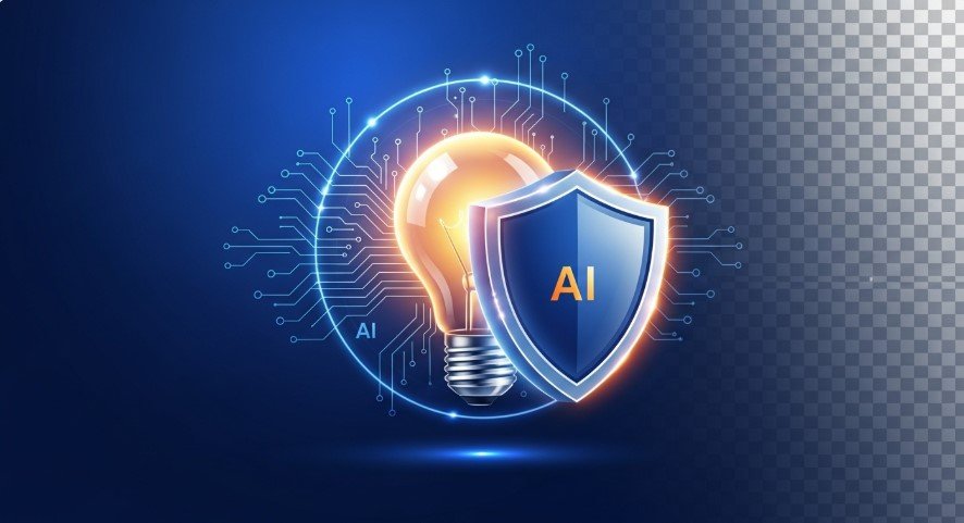 Shield protecting a glowing lightbulb with AI patterns