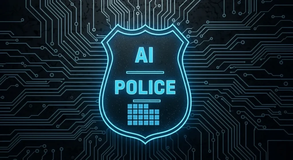 Police badge on a digital circuit board symbolizing AI use.