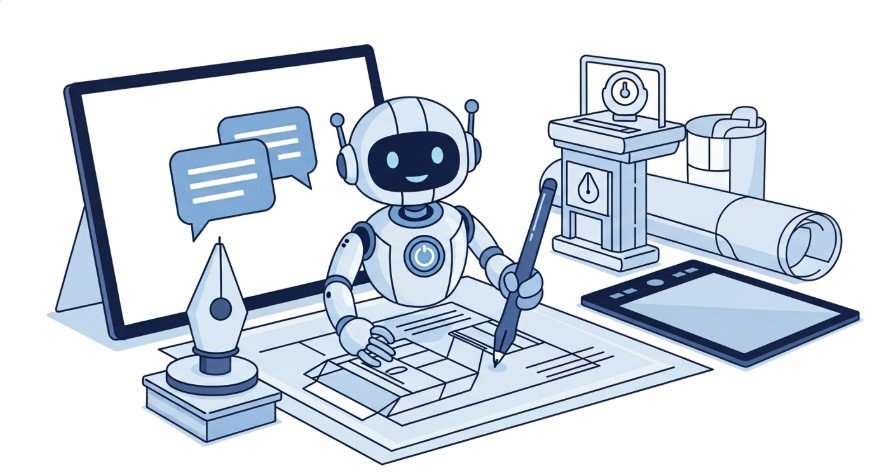 Chatbot icon with digital pen and tablet scaling a blueprint.