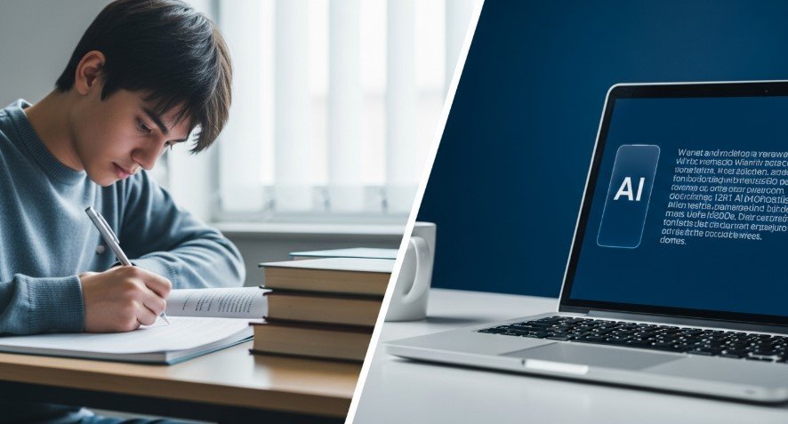 Split-screen of student writing and AI text on laptop
