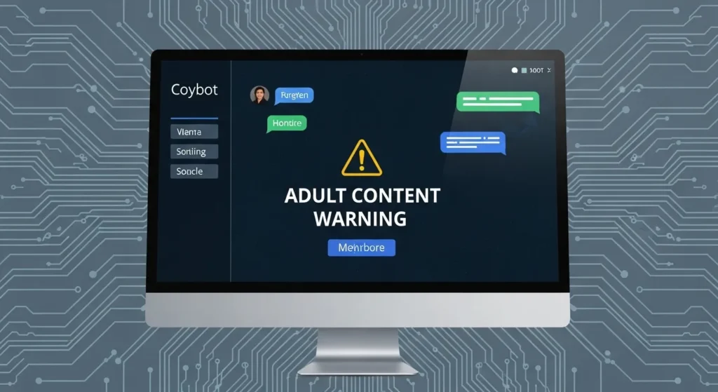 Computer screen showing a chatbot with an adult content warning