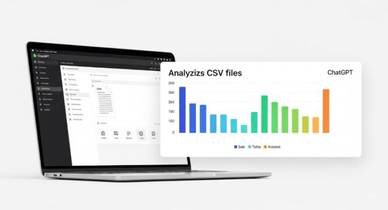 Laptop screen showing ChatGPT with a CSV file and colorful bar chart