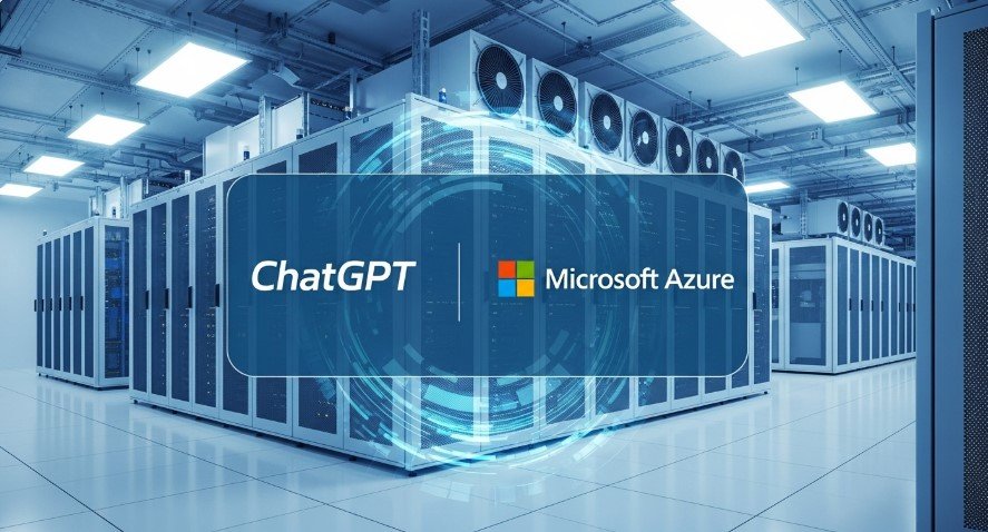 Modern data center with server racks and ChatGPT, Azure branding.