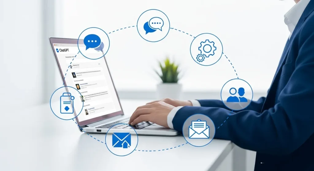 User interacting with ChatGPT while data icons float around, symbolizing data collection.