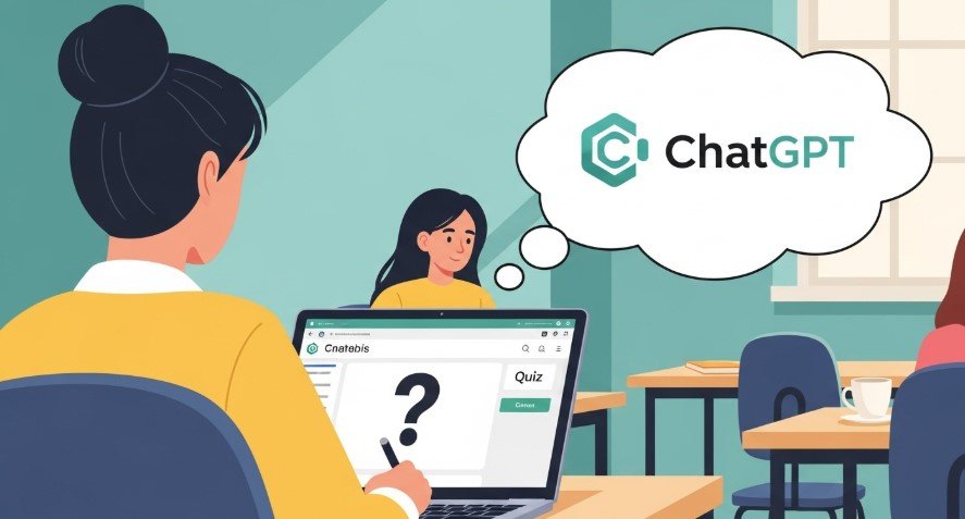 Student taking Canvas quiz with ChatGPT thought bubble