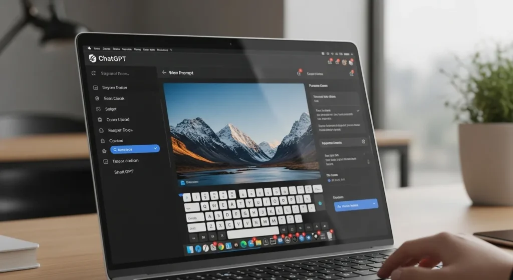 Laptop screen displaying ChatGPT interface with a prompt for image generation.