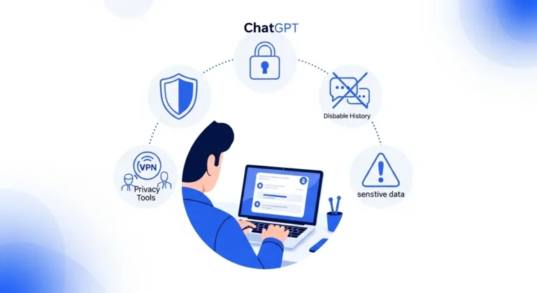 Person using laptop with ChatGPT interface, surrounded by privacy icons like a shield and lock.