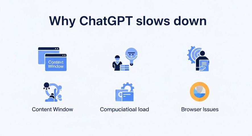 Infographic showing technical and user-side causes of ChatGPT slowdown