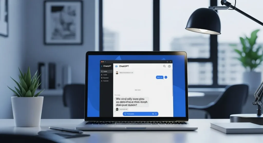 Laptop screen showing ChatGPT interface with user typing a question.