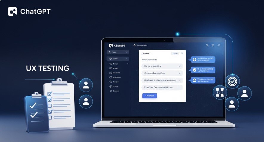 Graphic of ChatGPT interface with UX testing icons.