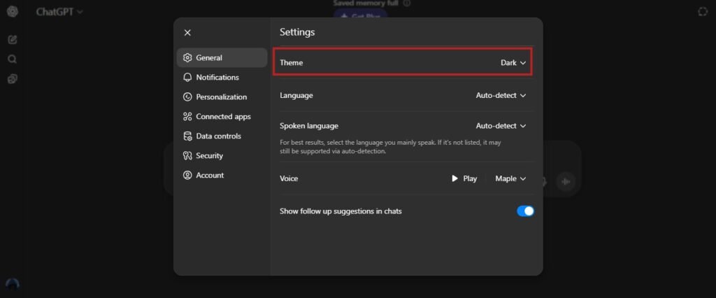 ChatGPT web theme settings