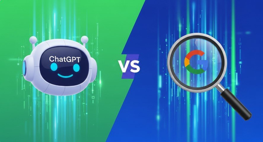 Futuristic illustration of ChatGPT and Google Search competition