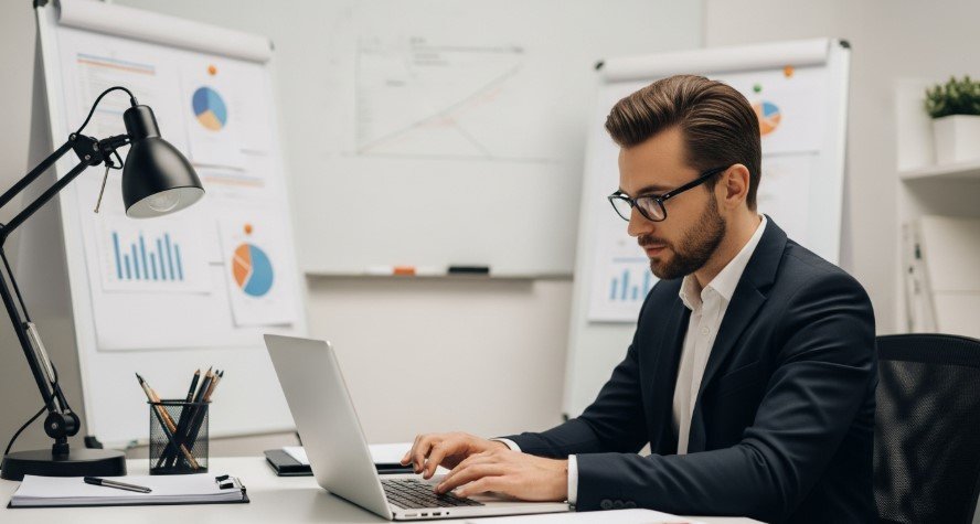 Recruiter reviewing code in a modern office.