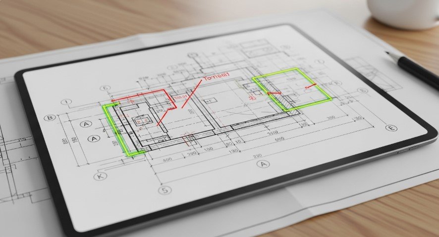Tablet displaying a construction drawing with AI annotations.