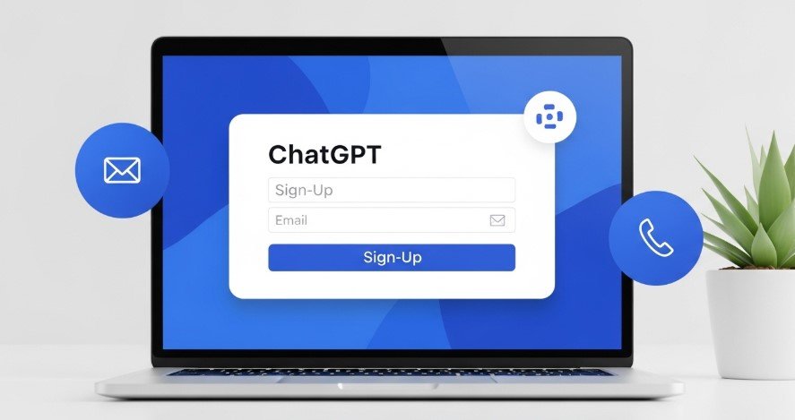 Illustration of a laptop with ChatGPT sign-up page.