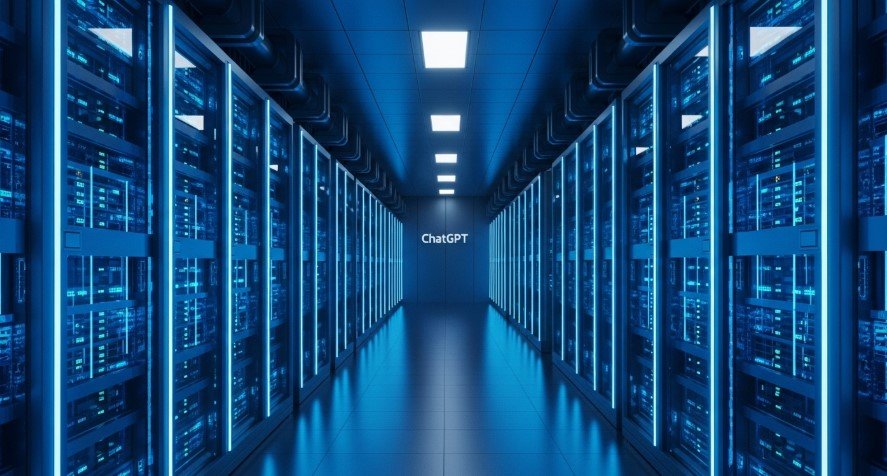 Futuristic data center with glowing servers for AI processing