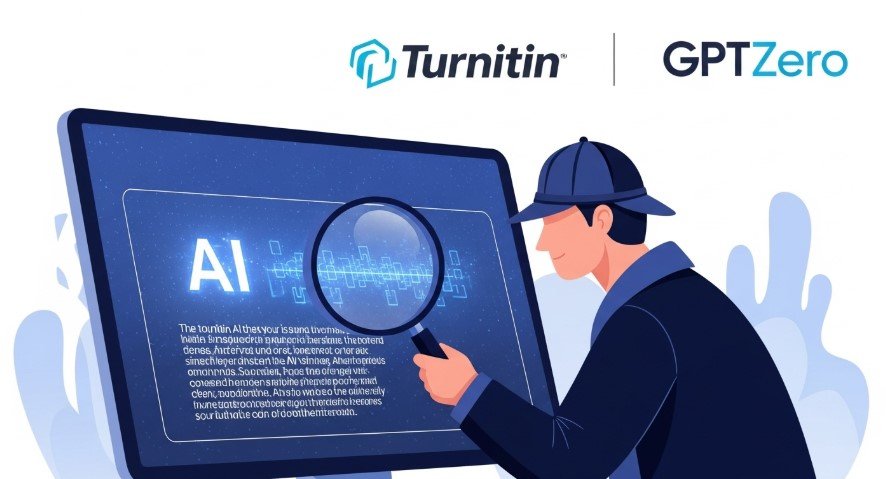 Detective examining AI text with detection tools in the background