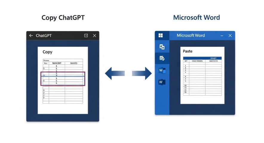 Screenshots of copying a table from ChatGPT to Word