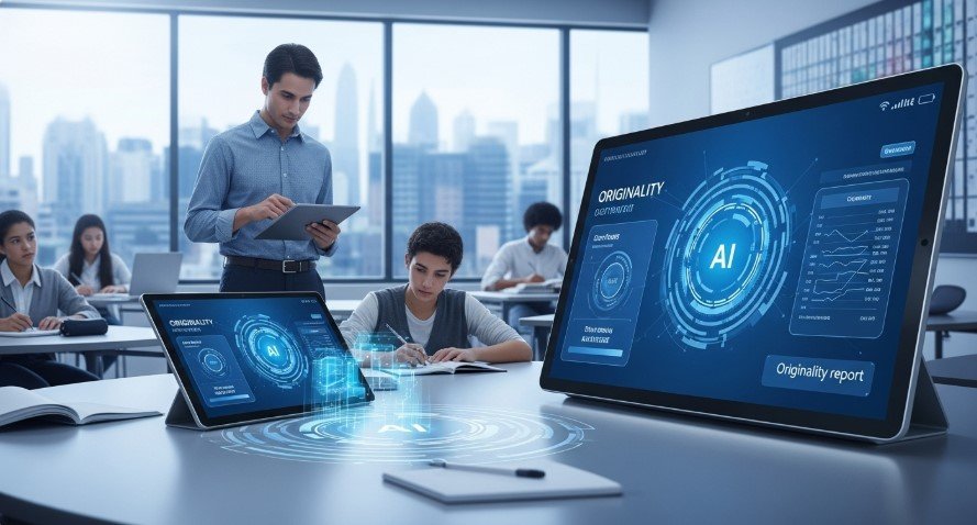 Futuristic classroom with AI detection tools