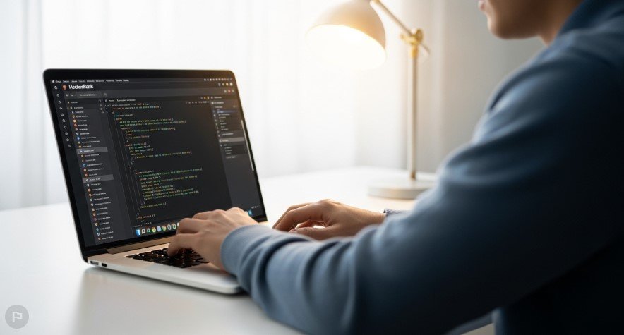 Programmer typing code on HackerRank platform.