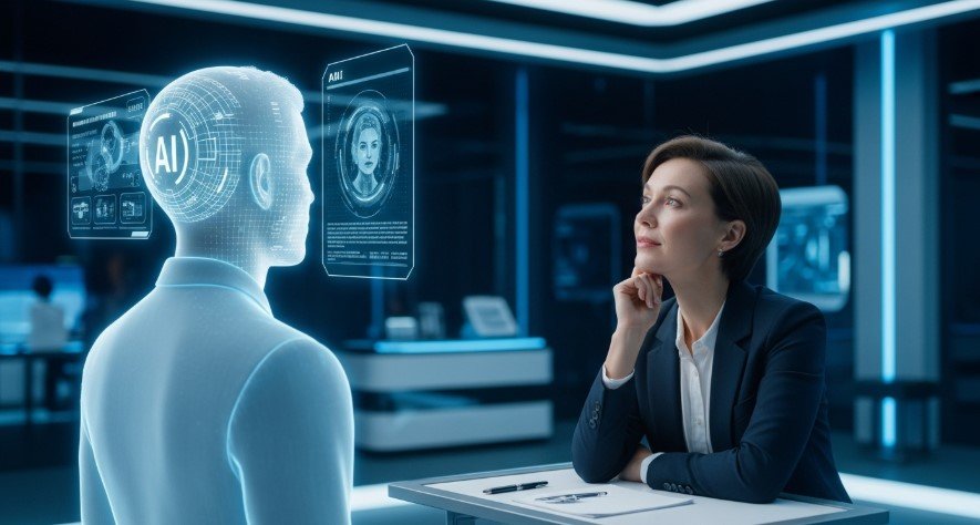 Person conversing with a holographic AI in a high-tech lab