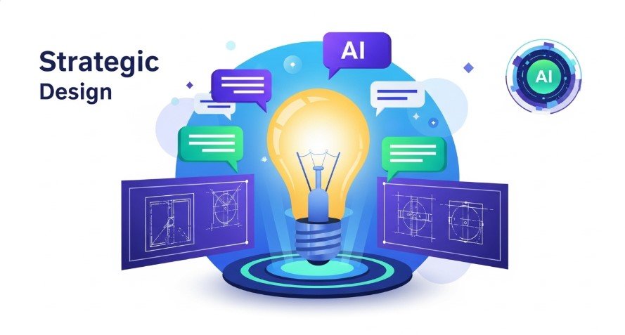 Illustration of a lightbulb with AI and design elements.