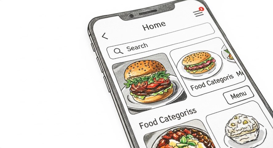Hand-drawn sketch of a mobile app home screen.
