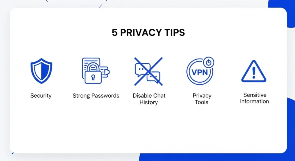 Infographic listing five privacy protection tips for ChatGPT users.