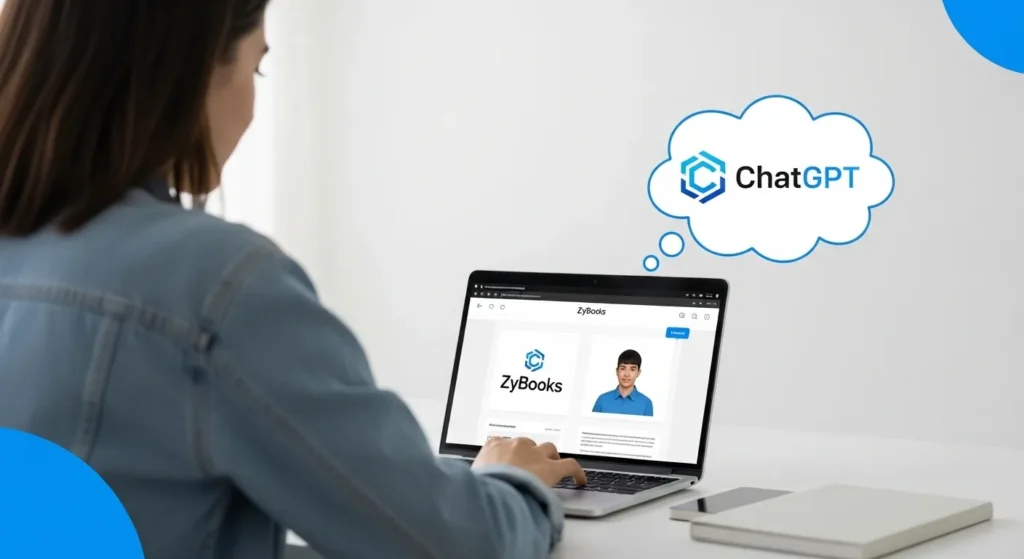 Student with laptop thinking about ChatGPT