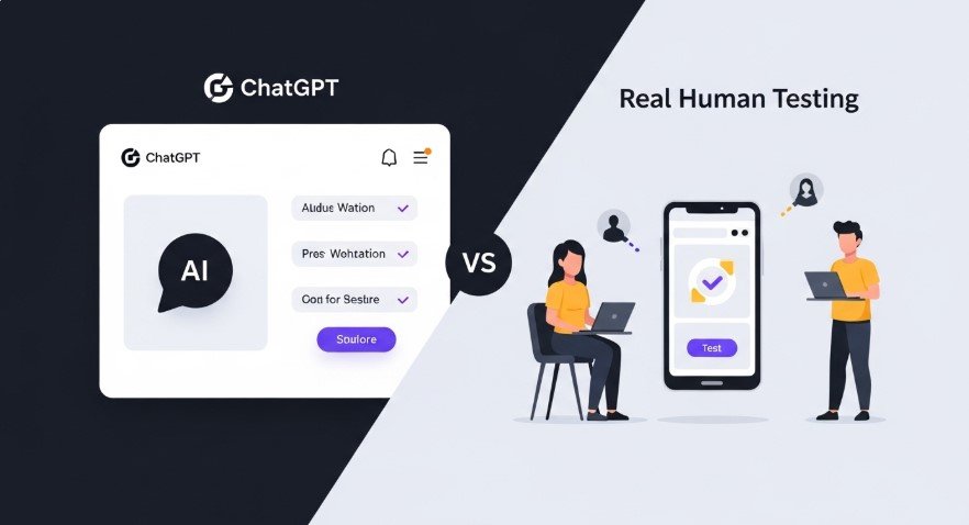 Split graphic of ChatGPT and real users in usability testing.
