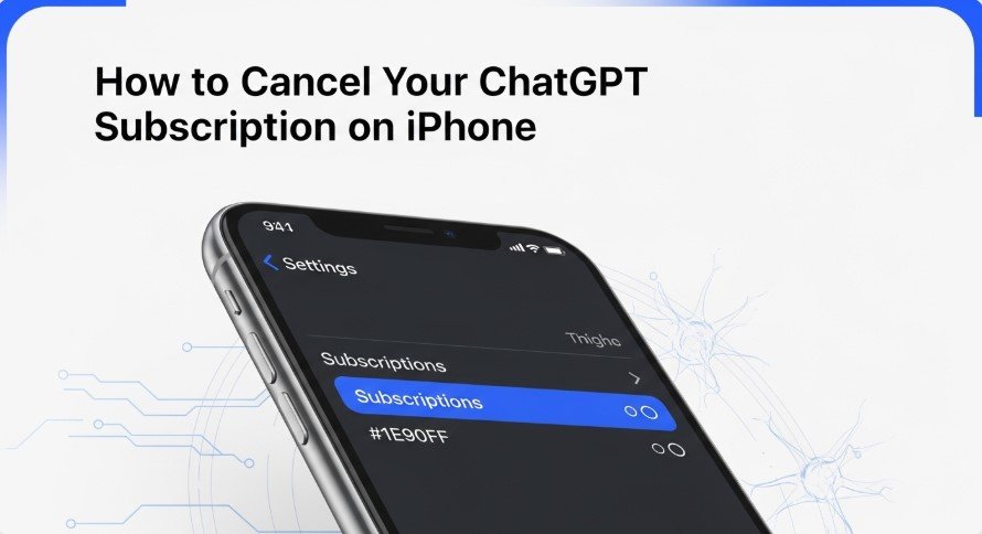 iPhone showing Settings app with Subscriptions highlighted for ChatGPT cancellation.