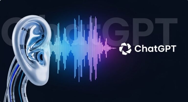 Robot ear with audio waveforms and ChatGPT logo