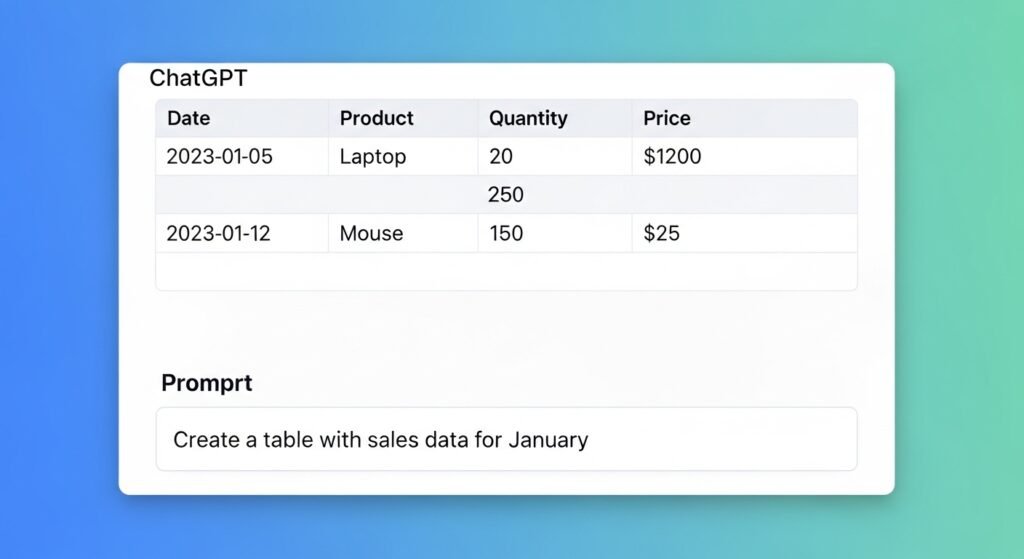 ChatGPT interface showing a prompt for an Excel table