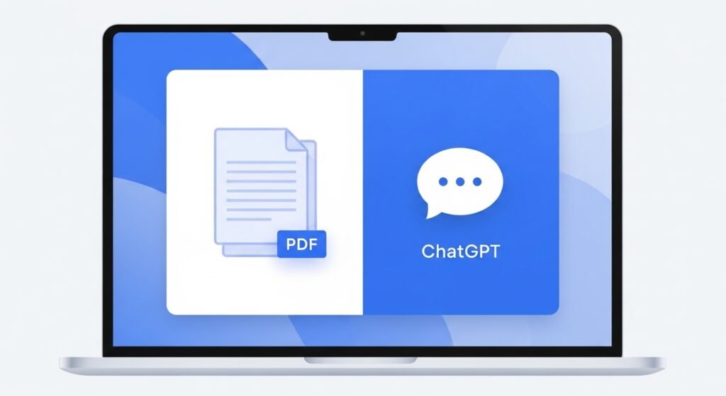 Illustration of ChatGPT processing a PDF on a laptop